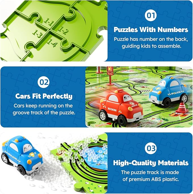 48PCS Puzzle Race Track Car Set for Toddlers Kids Boys, Toddler Toys Gifts for 3 4 5 Year Old Boys and Girls, Floor Puzzle Tracks Car Toys for Ages 3-5 4-6