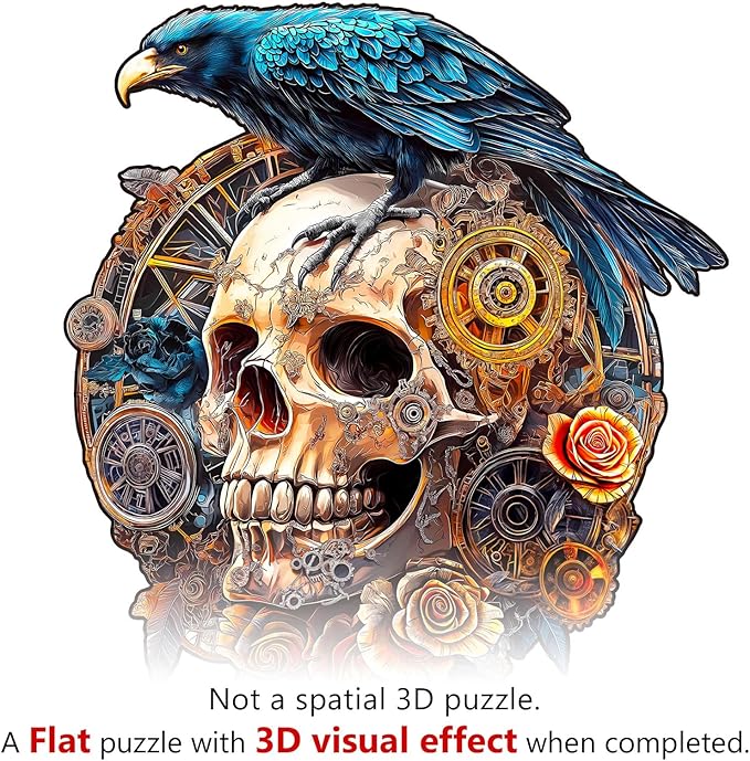 KAAYEE Wooden Puzzles for Adults, 3D Visual Effect Raven & Mechanical Skull Wooden Jigsaw Puzzle Unique Shape Wood Puzzle Adult, 3D Effect Flat Puzzle Birthday Family Games (M-11.4 * 10.1in-175pcs)