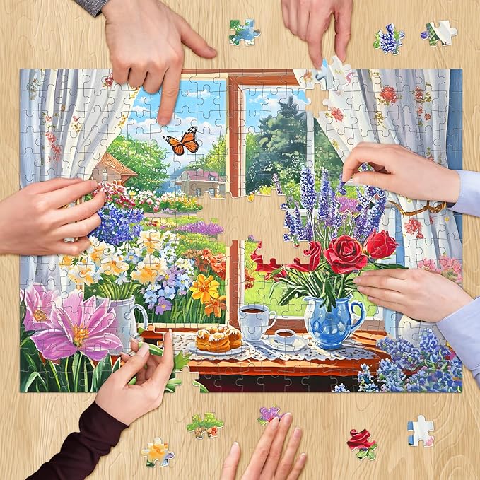 300 Pieces Puzzle for Adults, Flower and Butterfly Puzzle Recycled Cardboard, Beauty Window and Garden Jigsaw Puzzles, Challenging Game Home Decor Party Gift for Adults Kids Seniors 20.5 * 15 inch