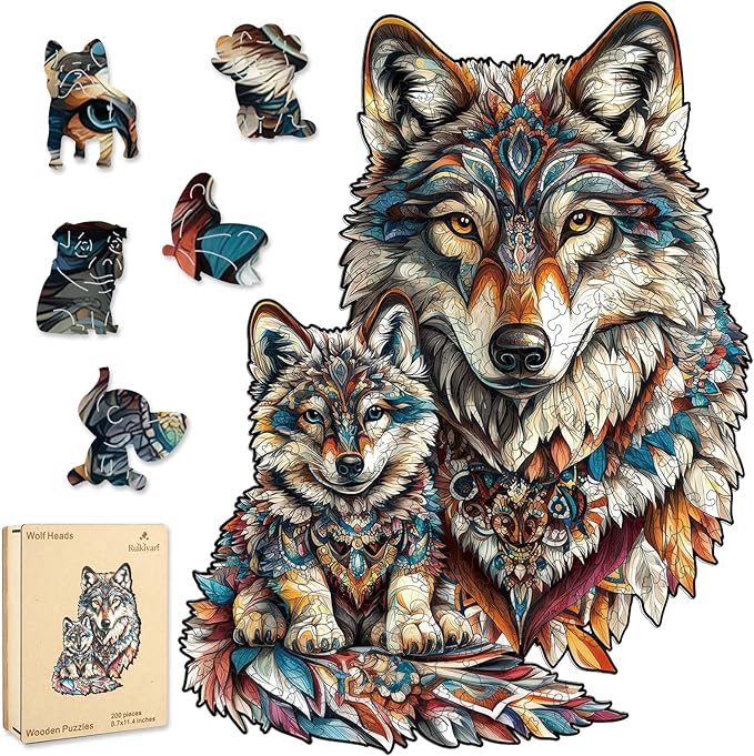 Ruikiyart Wooden Puzzles for Adults, 5MM 200 Pieces Wolf Family Wooden Jigsaw Puzzles, Animal Unique Shaped Puzzle Gifts for Adults and Kids on Thanksgiving, Family Puzzle Games (8.7"*11.4")
