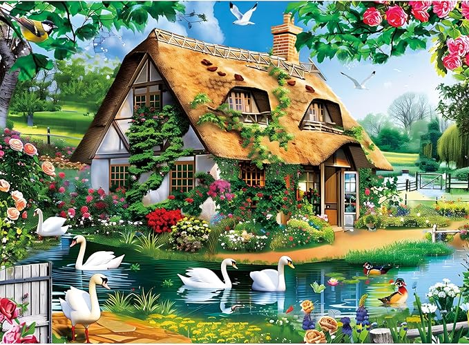 300 Piece Puzzles for Adults, Country Cottage Lake Puzzle for Adults Kids Seniors,Large Piece Landscape Puzzle for Kids 8-10 10-12,Garden Swan Flowers House Puzzles Perfect for Game Nights,20.5x15 in