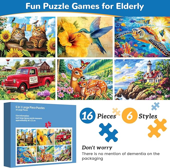 6 Packs 16 Large Piece Puzzle for Seniors, Dementia Alzheimer's Products Activities for Elderly Adults, Easy Puzzle Alzheimer’s Memory Cognitive Game Gift for Patient in Nursing Home