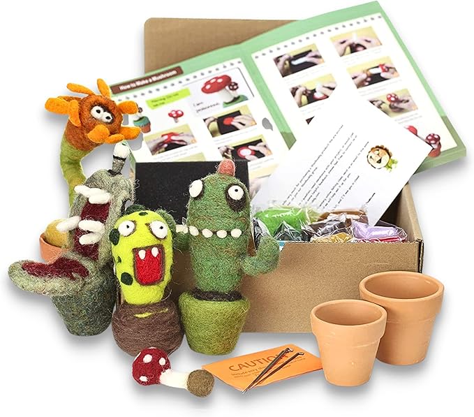 Woolbuddy Needle Felting Kit - Cactus Succulent Monster Design for Beginners Adult, Includes Wool, Supplies, 4 Clay Pots and Clear Instructions