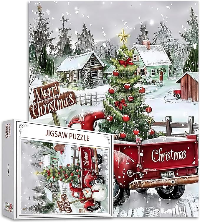 Merry Christmas Puzzles 1000 Pieces for Adults, Families (Wooden House,Fantasy Forest,Chriastmas Tree,Vintage Car) Pieces Fit Together Perfectly 19.7''x27.6''inch Winter Magic Puzzle Art Boho Gift