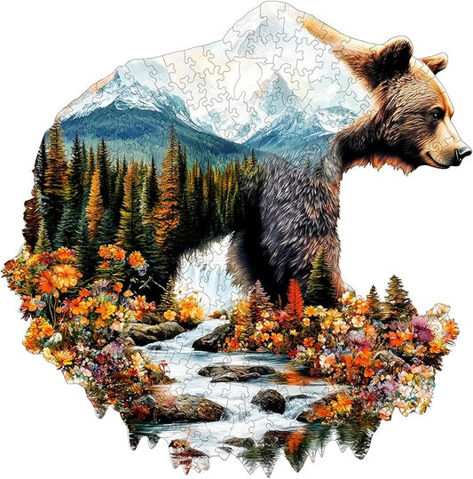 Wooden Puzzles for Adults - Bear and Nature Wooden Jigsaw Puzzle - Unique Animal Shaped Wood Puzzles Adult - Christmas Birthday Gifts for Adults/Friends/Family - 85pcs 8.4 * 8.5in