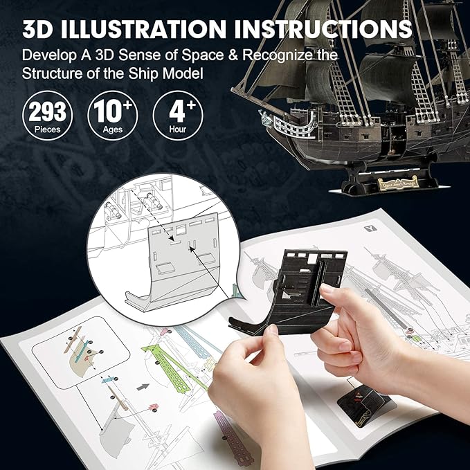 3D Puzzle for Adults Moveable LED Pirate Ship with Detailed Interior Decoration, Large Queen Anne's Revenge Desk Puzzles, Difficult 3D Puzzles with Lights Gifts for Men Women