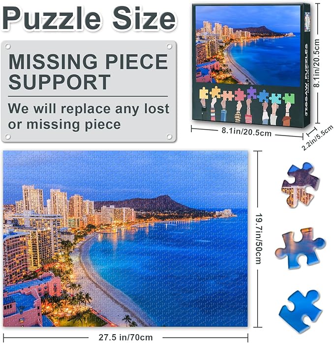 Puzzles for Adults 1000 Pieces - Jigsaw Puzzles Hawaii Seascape Art, 27.5x19.7 Inch Skyline of Honolulu Hard Impossible Challenging Puzzle Family Game for Men & Women (Home Decor Gift)
