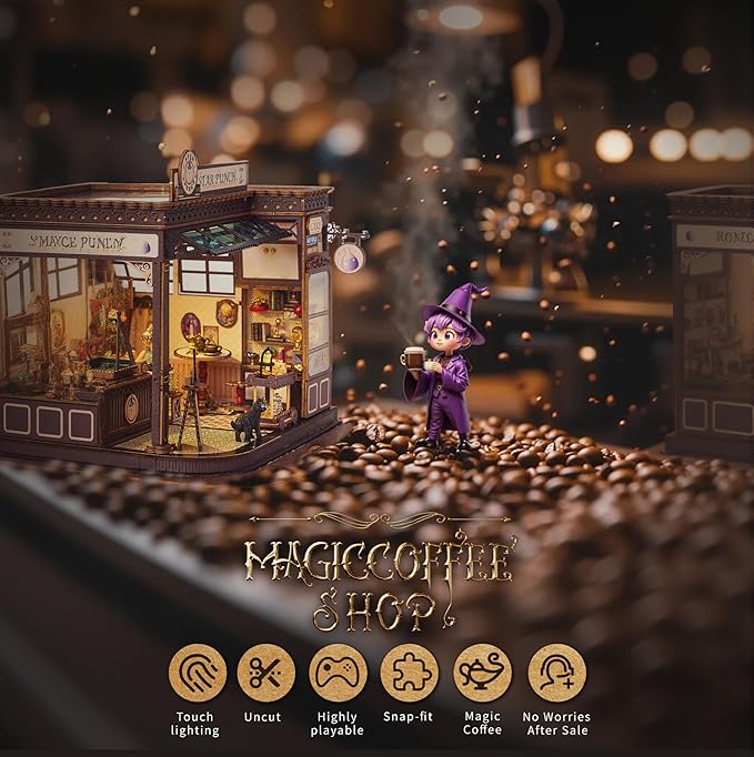 [2025 New] Coffee Shop Miniature House Kit with LED Light, Book Nook Kit with Cover for Birthday, 3D Wooden Bookends Puzzle Bookshelf Decor Building Kit Birthday Gifts for Family, Friends