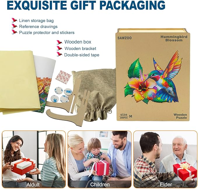 Wooden Jigsaw Puzzles for Adults and Kids, Hummingbird Blossom 200 Piece Unique Shaped Puzzle, Family Game and Creative Wooden Puzzle Gift, Wall Art Decor