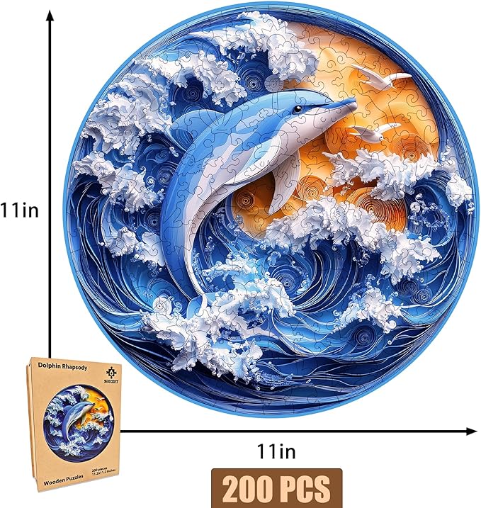 Wooden Jigsaw Puzzle, 200-500 Pieces Unique Shape Animal Puzzle, for Adults & Kids, Birthday Gift Family Game, Decorative Puzzle, Unique Gift (Dolphin Rhapsody, 200 PCS)
