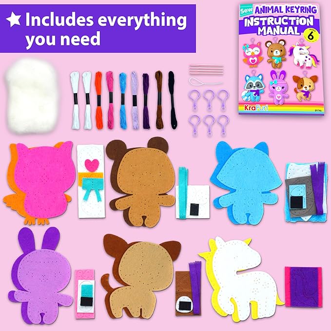 KRAFUN Unicorn Sewing Keyring Kit for Kids Age 7 8 9 10 11 12 Learn Art & Craft, Includes 6 Stuffed Animal Bear, Dog, Rabbit, Raccoon, Owl Dolls, Instruction & Felt Materials