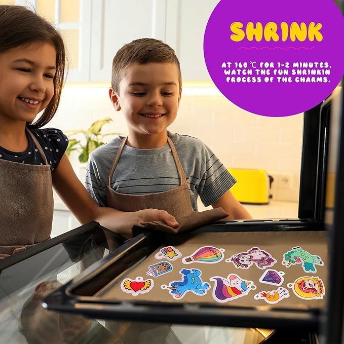 89PC DIY Unicorn Shrinking Plastic Art Kit - 46 Pre-Cut Shapes, 12 Markers & Accessories - Make Charms, Keychains & Tags - No-Mess Craft for Kids - Birthday Gift with Shrinking Plastic Sheets