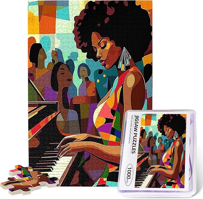 African Women Black Girl Jigsaw Puzzles 500 Pieces for Adults, African American Puzzles for Adults (Piano,Girl,Female) Pieces Musical Performance Frameable Magic Puzzle Art（Brown）