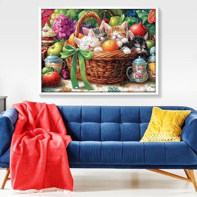 300 Piece Jigsaw Puzzle for Adults, Fruit Basket Cat Jigsaw Puzzle, Funny Animal Jigsaw Puzzles, Animal Pet Lover Challenging Puzzles for Friends Family Activity Game Nights Gifts
