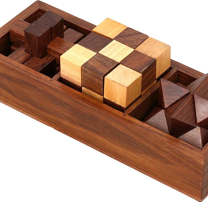 Ajuny 3-in-One Wooden Puzzle Games Set - 3D Puzzles for Teens and Adults - Challenging Brain Teasers 3D Puzzle IQ Logic Handcrafted Games, Includes Decorative Storage Box Best Gift 3 in 1 Game Set