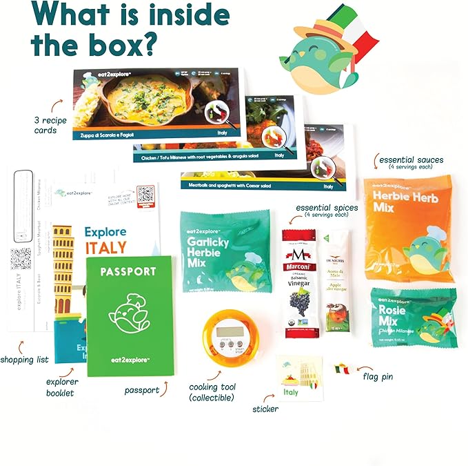 eat2explore Cooking Kits for Kids - Interactive & Educational Set with 3 Recipe Cards, Key Ingredients & Cooking Tools - Ideal Idea for Kids who Love to Create Meals (Italy Edition)