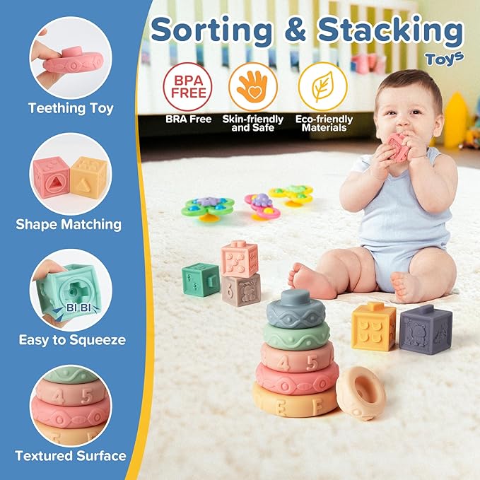 7‑in‑1 Montessori Baby Toys for 6‑12 Months & 1+ Years, Infant Sensory Teething & Stacking Blocks | Wooden Shape Sorter, Xylophone Musical Toy, Birthday Gift for Toddlers 1‑3