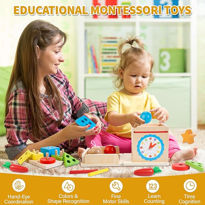 Kizfarm Wooden Montessori Baby Toys, 8-in-1 Wooden Play Kit Includes Object Permanent Box, Coin Box, Carrot Harvest, Shape Sorting & Stacking - Christmas Birthday Gift for Boys Girls Toddlers