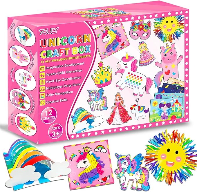 7july Unicorn Craft Box-12 Fun Arts and Crafts for Kids Ages 4-8,Educational Creative Toys, Art and Crafts Projects & Activities Kit with Supplies,Gift for Girls 3 4 5 6 7 8 Years Old