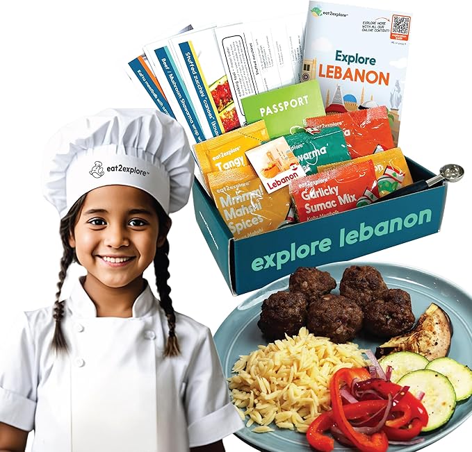 eat2explore Cooking Kits for Kids - Interactive & Educational Set with 3 Recipe Cards, Key Ingredients & Cooking Tools - Ideal Idea for Kids who Love to Create Meals (Lebanon Edition)