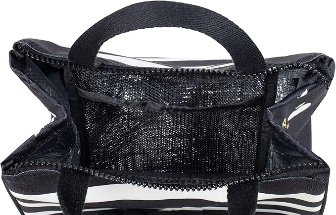 Kate Spade New York Black Portable Soft Cooler Lunch Bag, Thermal Tote with Silver Insulated Interior Lining and Storage Pocket, Sarah Stripe