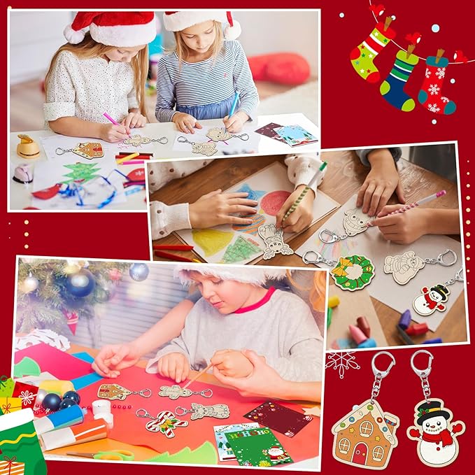 24 Sets Christmas Keychains Craft Kit Winter Unfinished Keychains Gifts Color Your Own Gingerbread Man Santa Claus Elk Penguin Snowman DIY Crafts for Christmas Winter Party Favors