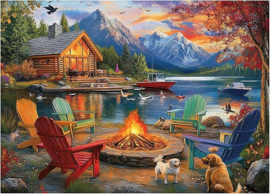 Lake Retreat Cottage Jigsaw Puzzle for Adults 1000 Pieces - Fall Landscape Puzzle with Log Cabin, Dogs, Ducks & Mountains - Challenging Nature Autumn Puzzle, 28x20in - Family Games & Gift