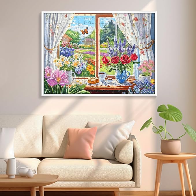 300 Pieces Puzzle for Adults, Flower and Butterfly Puzzle Recycled Cardboard, Beauty Window and Garden Jigsaw Puzzles, Challenging Game Home Decor Party Gift for Adults Kids Seniors 20.5 * 15 inch