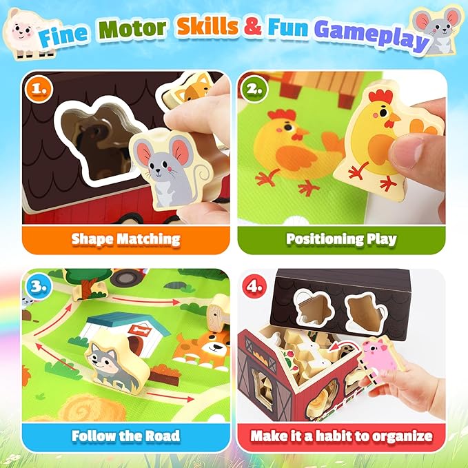 Toy for 1 2 3 Year Old Boys Toddlers, Wooden Montessori Toy for Boy Girls 2 3 4 Birthday Gift for Baby 12+Months | Educational Learning Present for Girl Boys Age 2 3 4 | Farm Animals Toys for Toddler