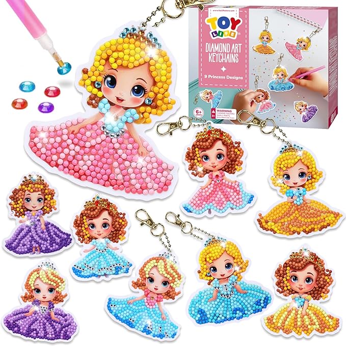TOY Life Diamond Art Kits for Kids, 9PCS DIY Princess Diamond Painting Kits Keychains for Girls, Diamond Dots Gem Art for Kids 6-8 8-12