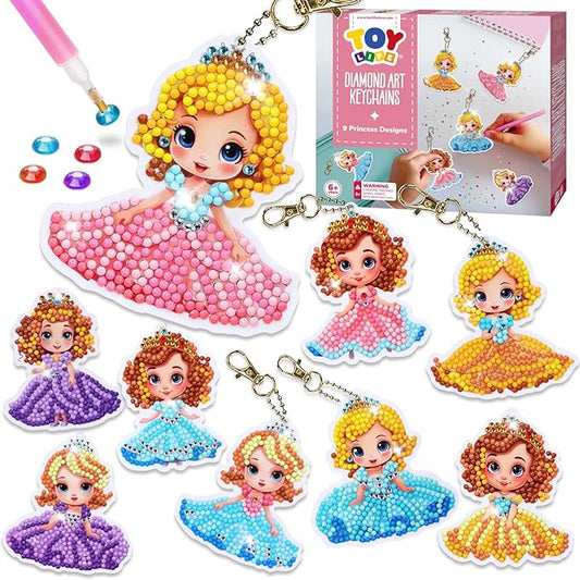 TOY Life Diamond Art Kits for Kids, 9PCS DIY Princess Diamond Painting Kits Keychains for Girls, Diamond Dots Gem Art for Kids 6-8 8-12