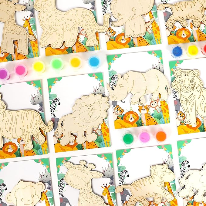 LARDUX Safari Party Favors, 24PCS DIY Wooden Painting Crafts - 8 Styles Animal Shape Unfinished Woodchips Cutouts Craft Kits with Glow in The Dark Paint DIY Party Favors Birthday Party Decorations