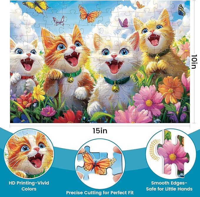 3-Pack 100 Piece Puzzles for Kids,Cute Dogs Cats Tigers Animals Puzzle for Kids Age 4-6 6-8 8-10,Unique Large Piece Jigsaw Puzzle,Recycled Paper,Bright & Colorful Educational Puzzle,Boys Girls Gift
