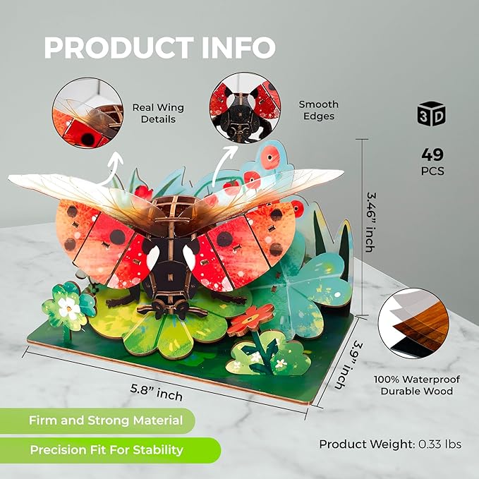 3D Wooden Puzzles for Adults, Garden Insects Collection, Educational DIY, Ladybug, Bees and Dynastes Models (Ladybug)