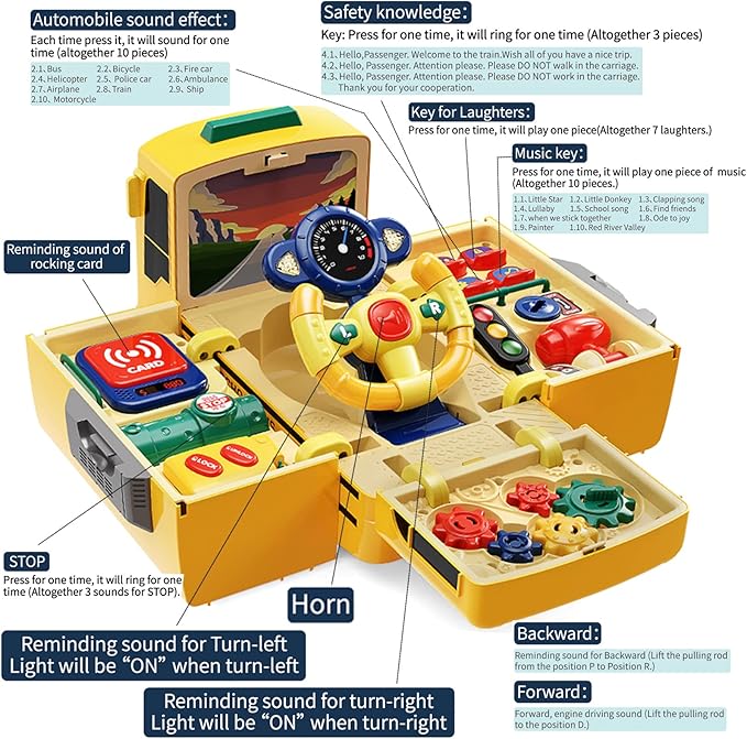 HONGTUO School Bus Toy with Sound and Light, Simulation Steering Wheel, Toddlers School Bus with Music Education, Gift for 1-3-5 Boys & Girls