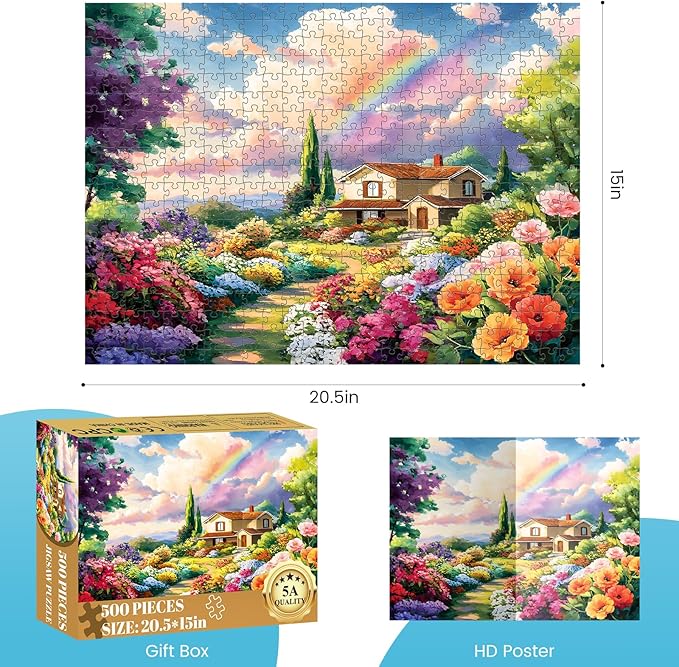 500 Piece Puzzles for Adults, Rainbow Floral Garden 500 Piece Puzzle, Colorful Cottage Jigsaw Puzzle, Perfect for Family Game Night, Home Wall Decor, Ideal Gift for Adults, Kids, Seniors, 20.5 x 15 in