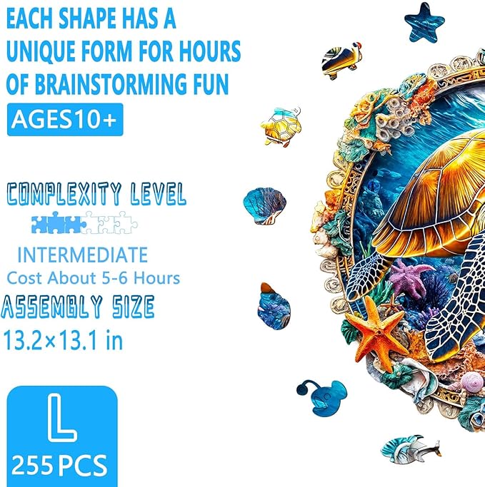 Wooden Puzzles for Adults - Fantasy Ocean Wooden Jigsaw Puzzle for Adults, Colorful Turtle Wood Puzzles Adult, Unique Animal Shape Ocean Puzzle, Wall Art Home Decor (L-13.2 * 13.1in- 255 Pieces)