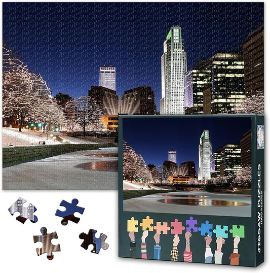 1000 Piece Puzzle for Adults Omaha Skyline Nebraska Cityscape, Jigsaw Puzzles 1000 Pieces Difficult and Challenge USA Downtown Theme, 27.5x19.7 Inch Family Puzzle Game Night Gift