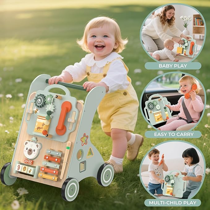 Wooden Baby Walker, Adjustable Speed Baby Push Walker for 1 Year Old, 10-in-1 Montessori Walker for Boys & Girls, Toddler Sit-to-Stand Learning Toy with Detachable Busy Board