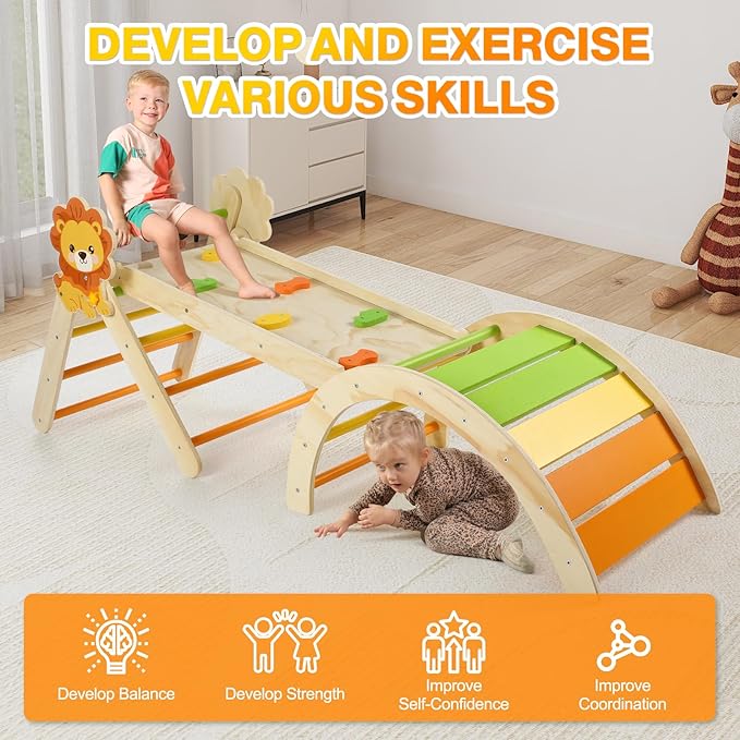 Pikler Triangle Set with Cushion, 7 in 1 Toddler Climbing Toys Indoor, Montessori Foldable Climbing Set, Wooden Climbing Toys for Toddlers 1-3 Inside with Ramp, Arch and Ladder (Lion)