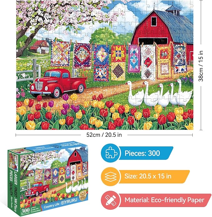 300 Piece Jigsaw Puzzle for Adults – Springtime Farmyard Delight with Quilts & Tulips– Challenging and Relaxing Puzzle for Game Nights, Gifts & Home Décor (20.5" × 15")