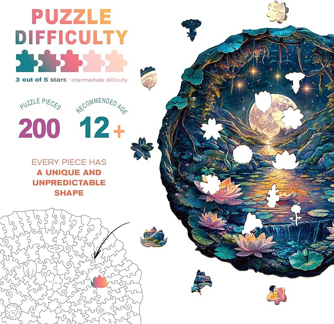 Wooden Puzzles for Adults - Moon Lotus Wooden Jigsaw Puzzle - Unique Animal Shaped Wood Puzzles Adult - Christmas Birthday Gifts for Adults/Friends/Family - 200pcs 11.4 * 11.1in