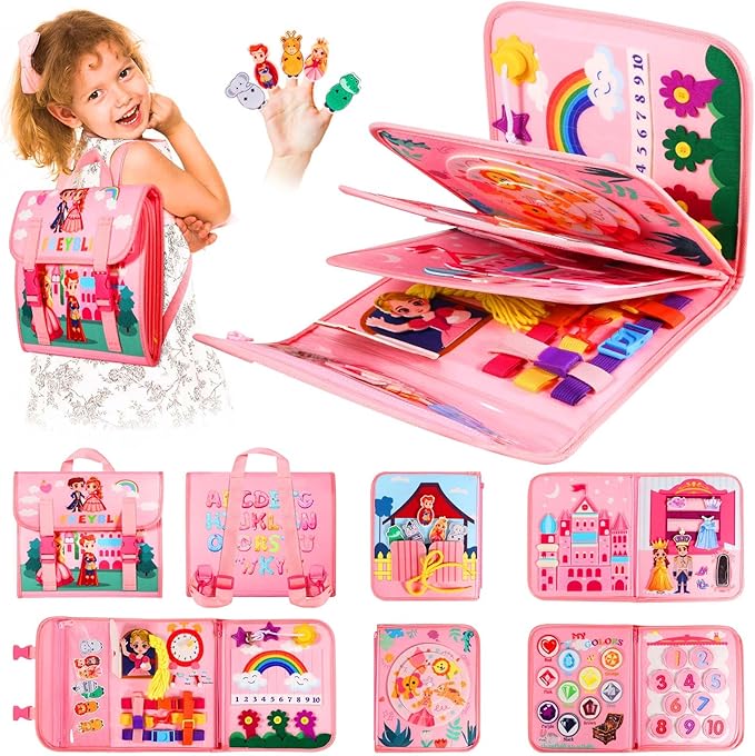 FREYBLI Toddler Busy Board, Montessori Toys for Girl Birthday Gift, Educational Quiet Activity Busy Book for Toddlers, Travel Toys for Airplane Car