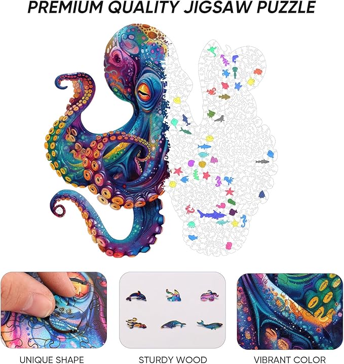 500 Piece Puzzles for Adults, Wooden Octopus Jigsaw Puzzles Royal Unique Shape Ocean Puzzle, Irregular Wood Puzzles Creative Gift for Adults and Kids Family Game (16.9x16.9 in)