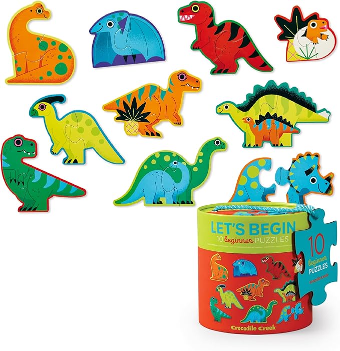 Crocodile Creek Let’s Begin Puzzle - Ten 2-Piece Beginner Puzzles for Ages 2 and Up - Heavy-Duty Storage Canister with Handle - Colorful Dinosaurs Design - Each Puzzle is 6" L x 4" H Finished