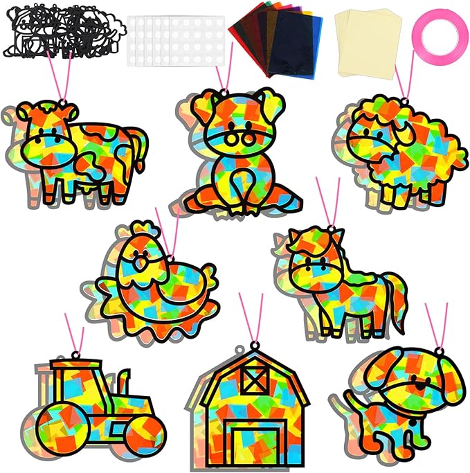 QOUBAI 32 Sets Farm Animals Suncatchers Craft Kit DIY Window Stained Glass Effect Cow Horse Chicken Paper Craft Home School Classroom Decoration Kid Birthday Gift Creative Art Project Activity Game