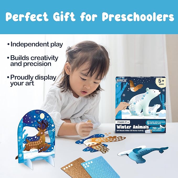 BINCA Foam Sticker Mosaic Art Activity, 750+ 3D Glitter Foam Stickers, 5 Winter Animals with Display Arch, DIY Mess-Free Activities, Felt Craft Kits & Gifts for Boys & Girls Ages 5,6,7,8