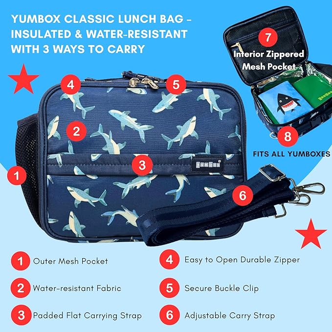 Yumbox Kids Lunch Bag, Holds Lunch Box and Water Bottle, 3 Ways to Carry, Zip Closure, Inside Zipper Netting, Wipe Clean Fabric with EVA lining for extra insulation (Shark)