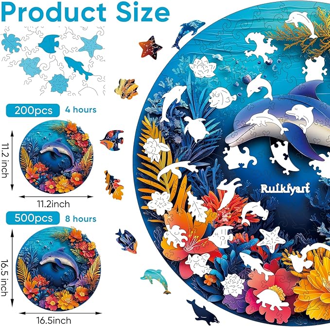 Ruikiyart Wooden Puzzles for Adults, 5MM 200 Pieces Dolphin Wooden Jigsaw Puzzles, Sea Animal Unique Shaped Puzzle Gifts for Adults and Kids on Thanksgiving, Family Puzzle Games(11.2"*11.2")