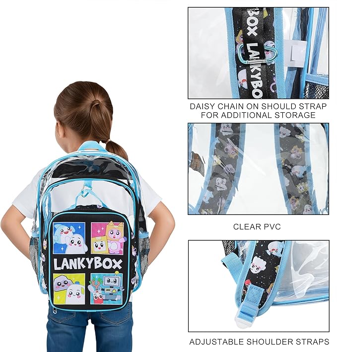 Bioworld Lanky Box Character Grid 16" Clear Backpack & Lunch Kit Value Set for Boys